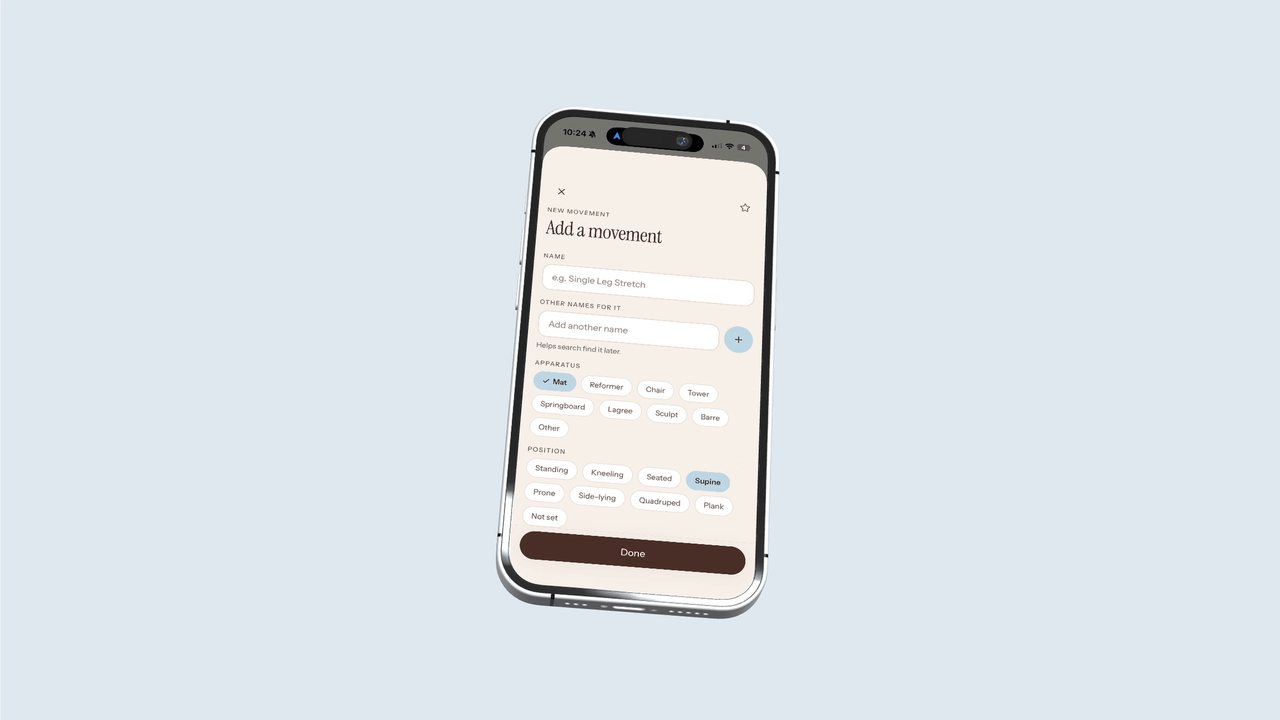 The Class Edit movement editor on an iPhone, with movement details, apparatus, positions, and teaching cues.