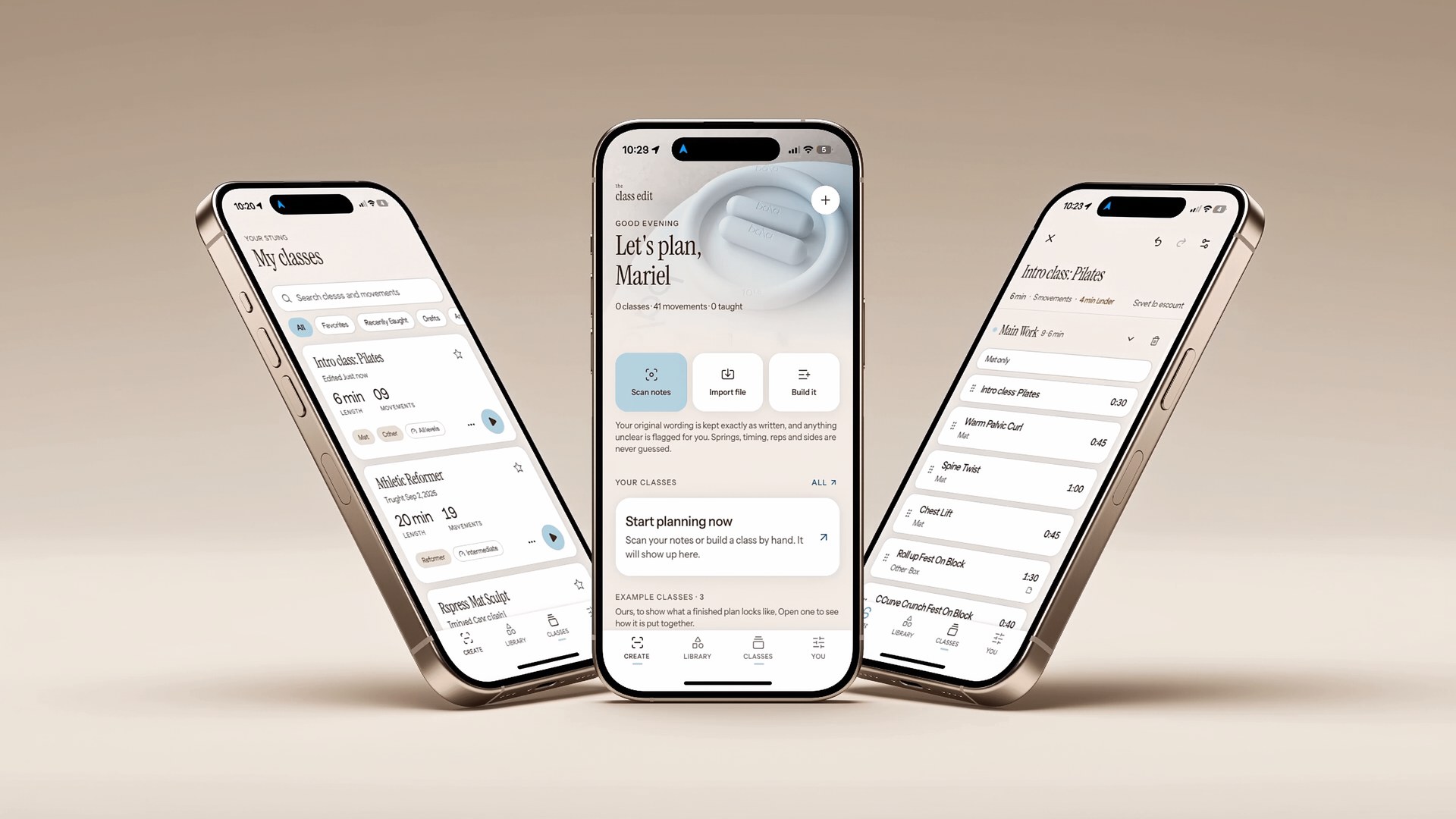 Three iPhones displaying The Class Edit home screen, saved classes, and a class plan.